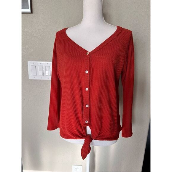 Waffle Knits Knot Front Blouse - Picture 1 of 3